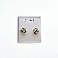 Black enamel flower cubic zirconia stud earrings with gold plated finish and hypoallergenic posts