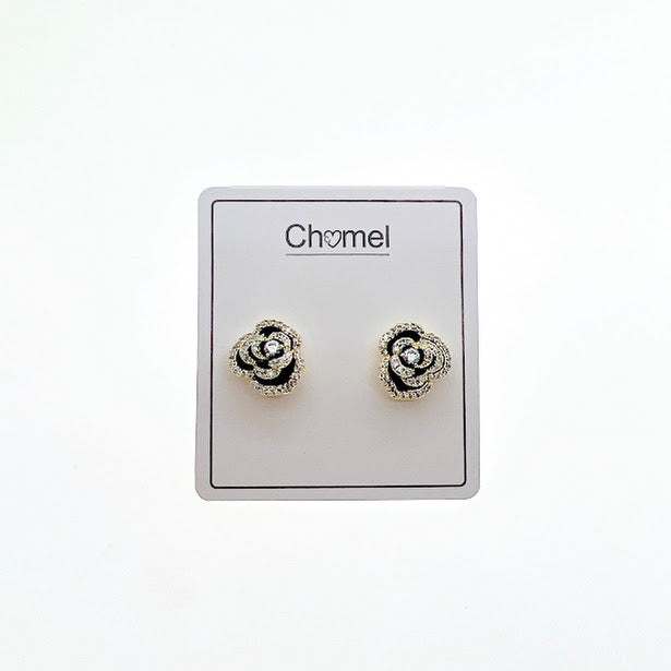 Black enamel flower cubic zirconia stud earrings with gold plated finish and hypoallergenic posts