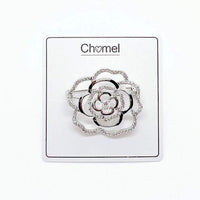 Flower cubic zirconia brooch with rose cutout design and rhodium plating, 3cm diameter, pin with C clasp closure