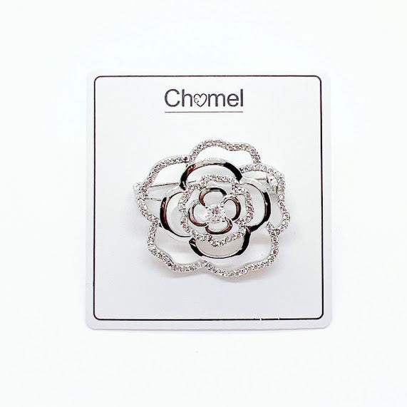 Flower cubic zirconia brooch with rose cutout design and rhodium plating, 3cm diameter, pin with C clasp closure