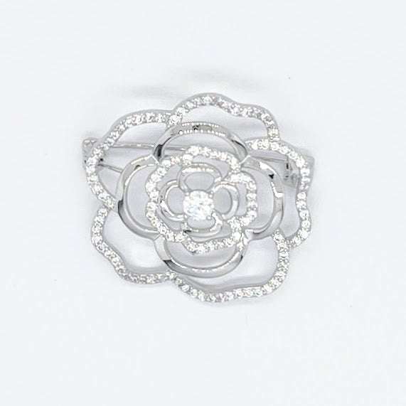 Flower cubic zirconia brooch with rose cutout design, rhodium plated, 3cm diameter