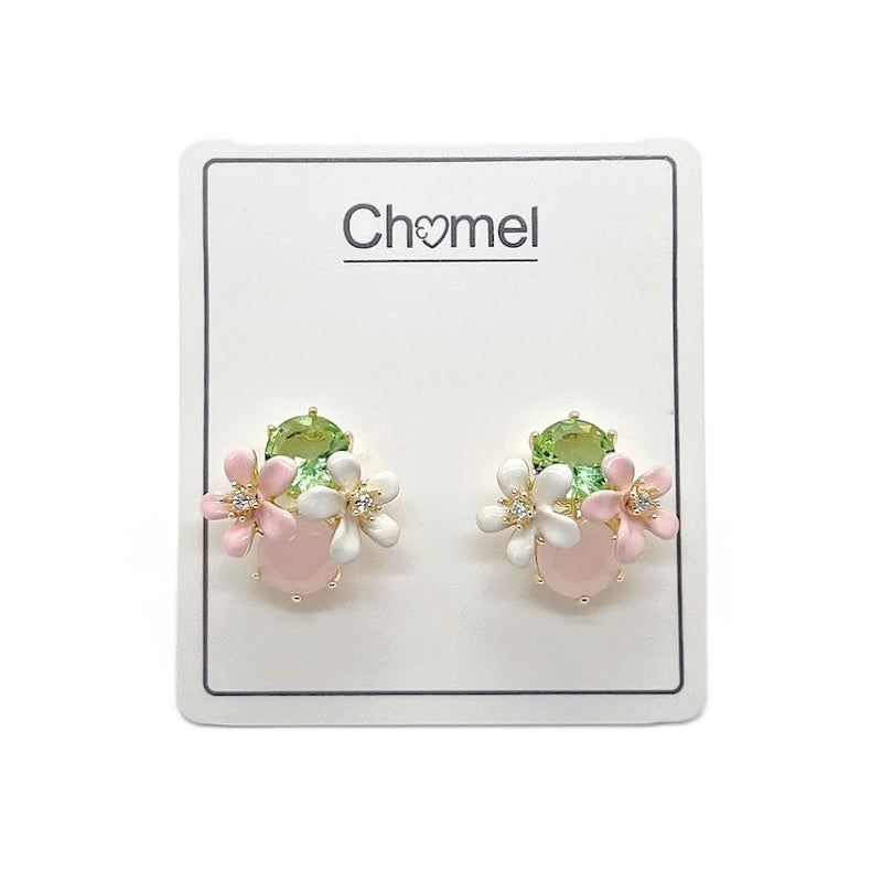 Enamel Flower With Crystal Earrings