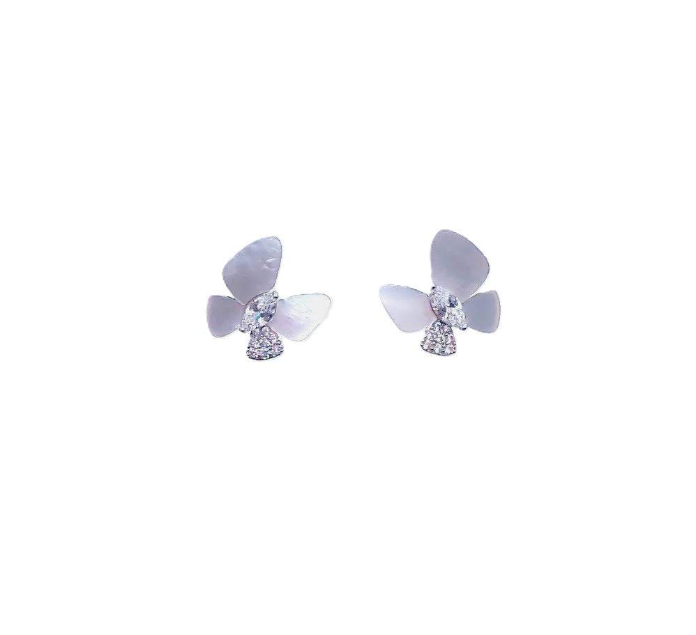 Butterfly Mother of Pearl Earrings with cubic zirconia and rhodium plated finish