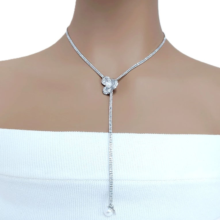 Flower Cubic Zirconia Lariat Necklace - CHOMEL