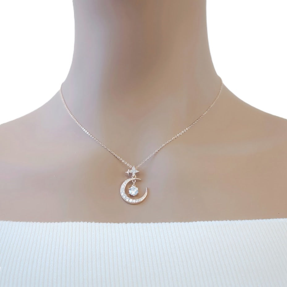 Moon & Star Cubic Zirconia Necklace - CHOMEL