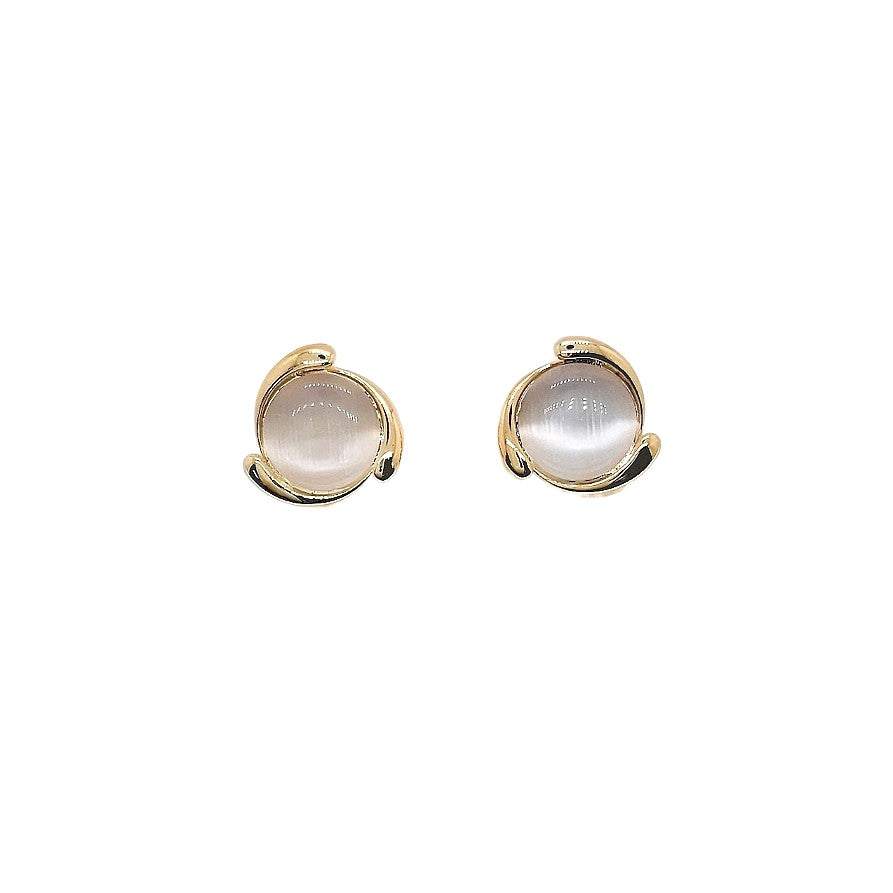 Simulated moonstone earrings with gold plated swirls, 1.3cm round studs, hypoallergenic posts