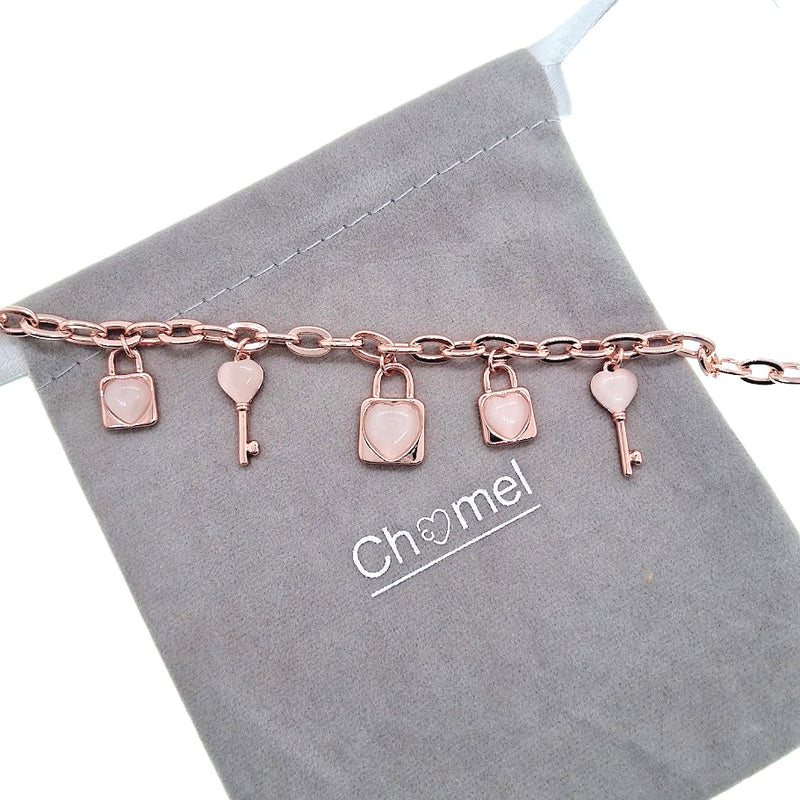 Lock & Key Simulated Moonstone Charm Bracelet - CHOMEL