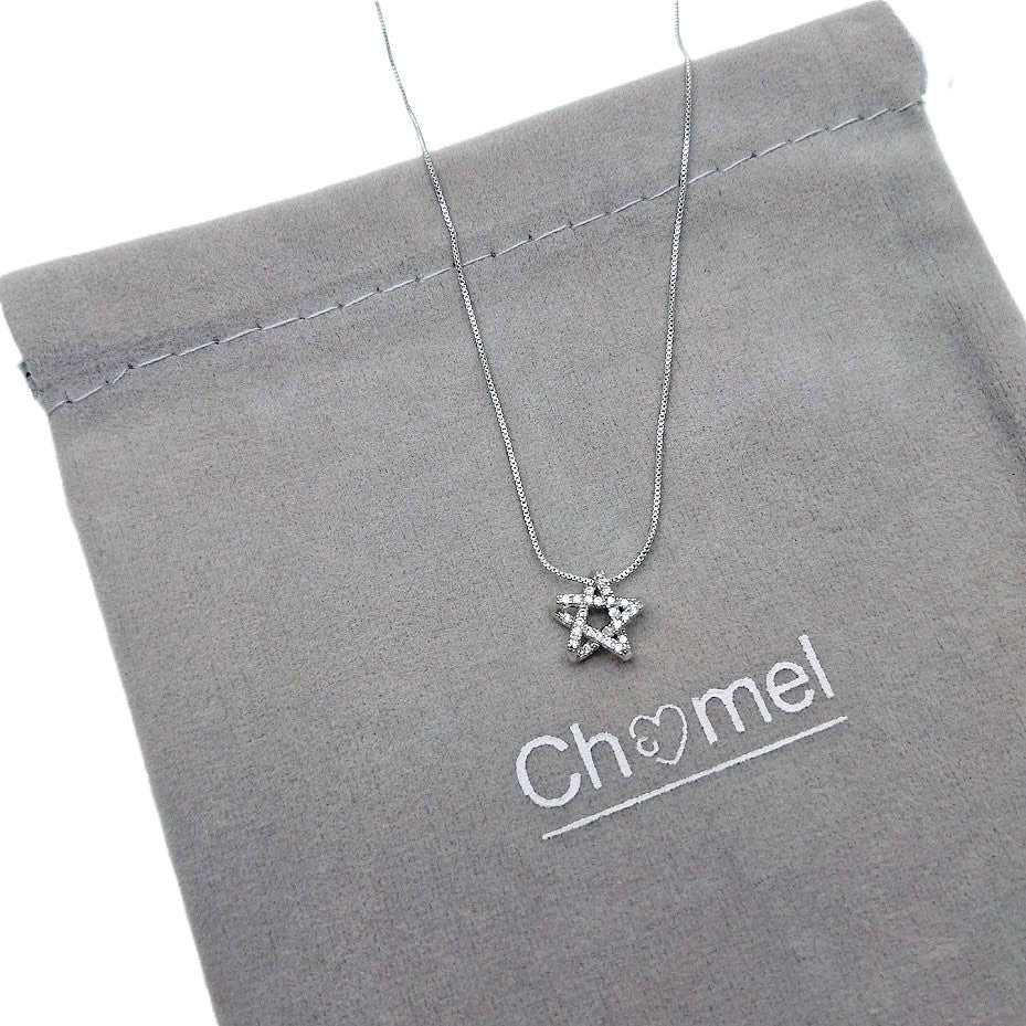 Star cubic zirconia pendant necklace with rhodium plated chain and spring clasp