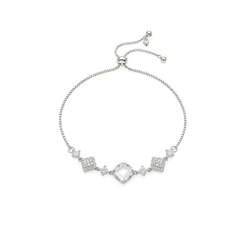 bracelet for woman in silver-tone metal with a diamond-shaped white centerpiece, sparkling square accents and sliding chain