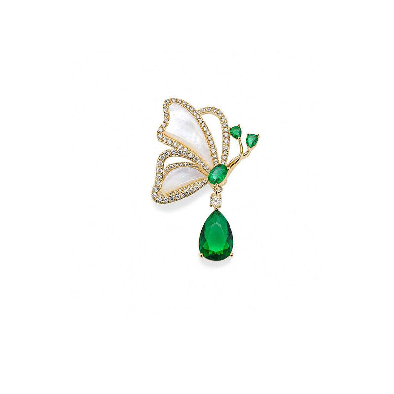 Butterfly cubic zirconia brooch with mother of pearl and green teardrop stone
