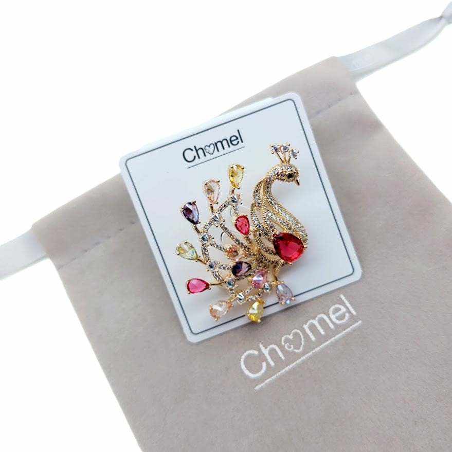 Gold plated peacock cubic zirconia brooch with coloured stones