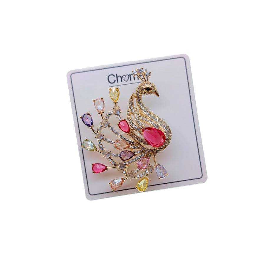 Gold plated peacock brooch with colorful cubic zirconia stones