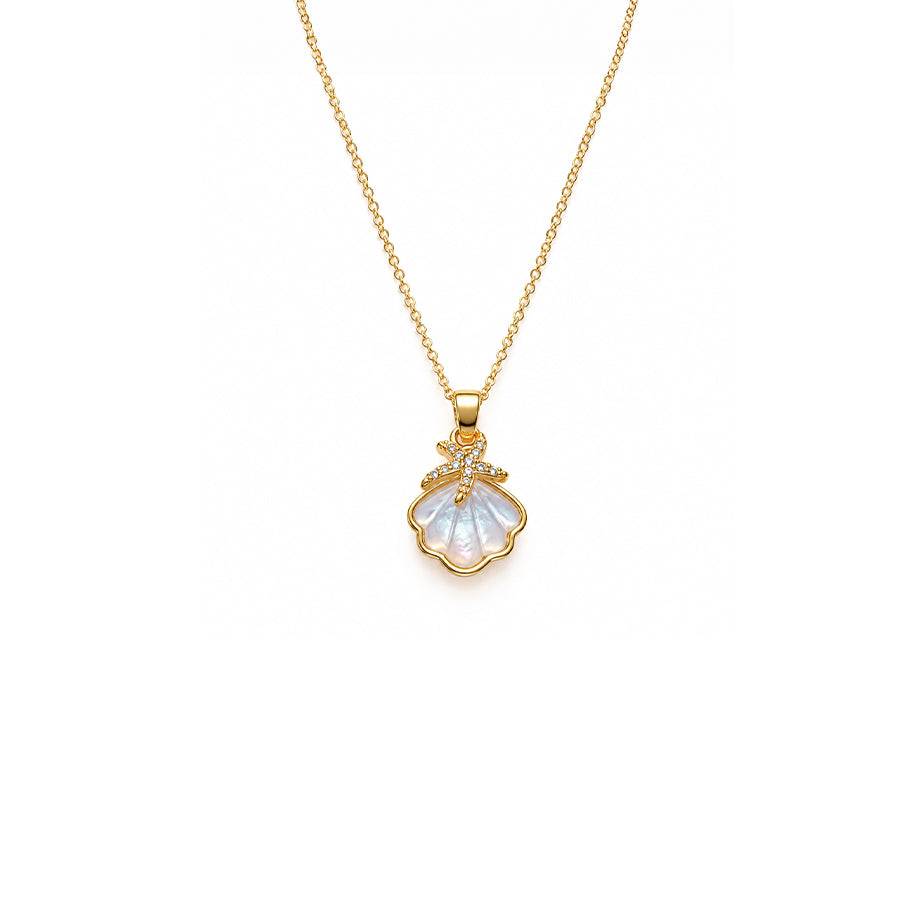 Mother of pearl seashell necklace in gold with a sparkling starfish accent; Butterfly Cubic Zirconia detail