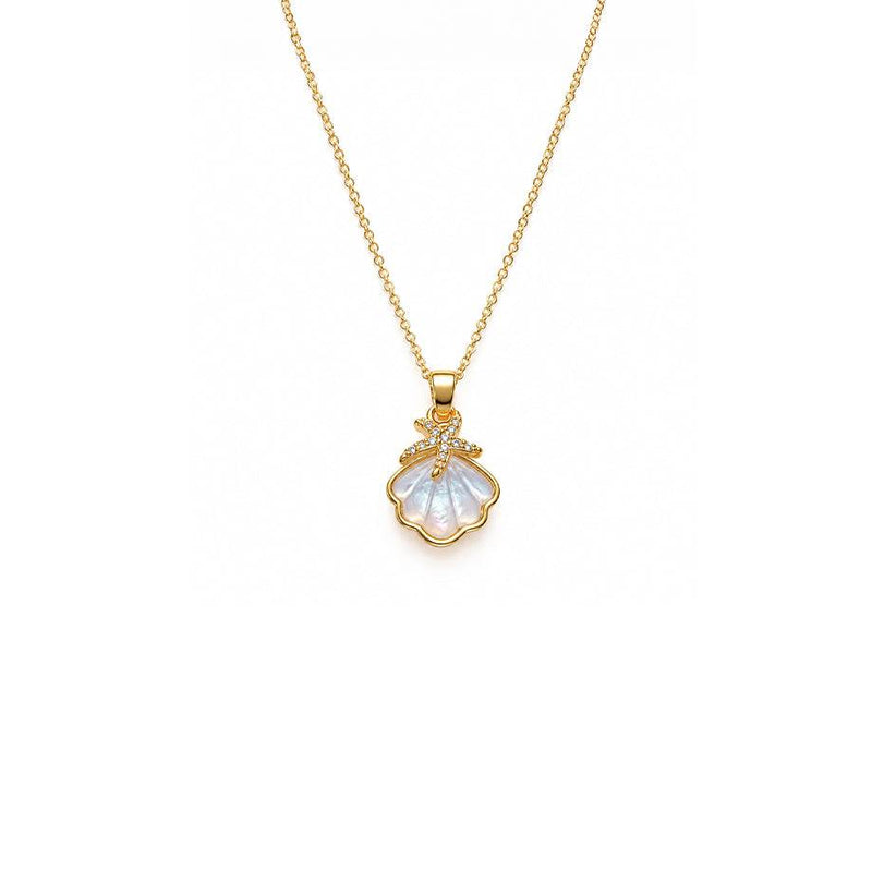 Mother of pearl seashell necklace in gold with a sparkling starfish accent; Butterfly Cubic Zirconia detail