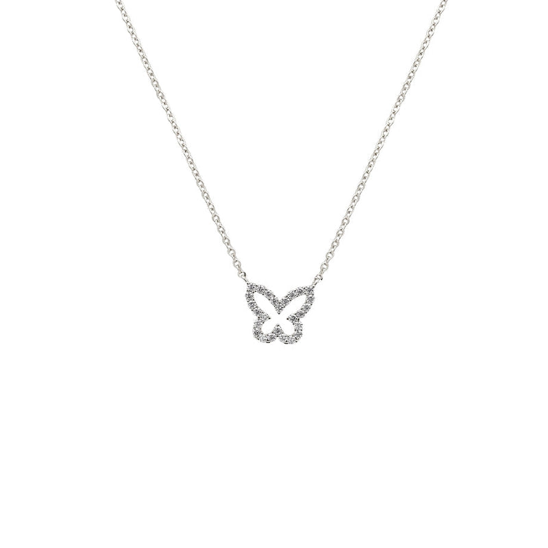 Butterfly cubic zirconia pendant necklace with rhodium plated finish on adjustable chain