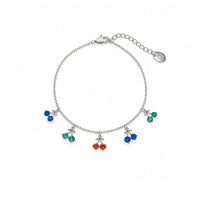 Cubic zirconia tennis bracelet with dangling colorful cherry charms and rhodium plated finish