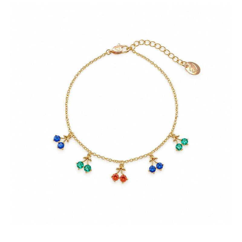Gold-tone chain cherry bracelet with dangling pairs of blue, green and red faceted stones and an adjustable extender.