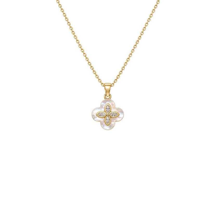 Clover necklace with a gold-tone chain and four-petal mother-of-pearl pendant outlined with sparkling cubic zirconia