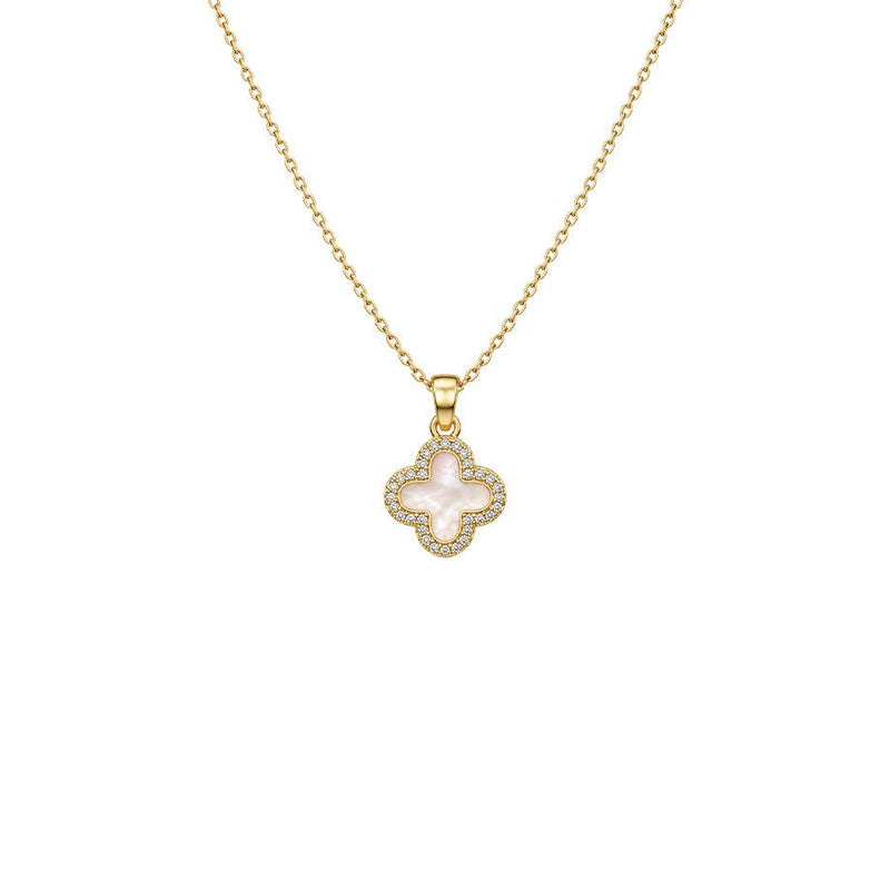 clover necklace with a gold-tone chain, pale mother-of-pearl four-leaf pendant and sparkling cubic zirconia border