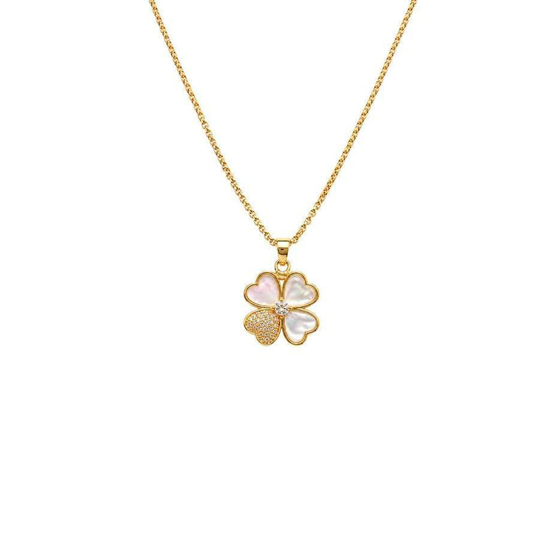 Clover necklace in gold-tone metal with a four-leaf pendant, three pearly petals and one sparkling pavé petal
