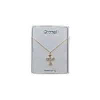 Gold-plated cubic zirconia cross pendant necklace with delicate chain, showcasing a sparkling design and subtle Interlocking Ring detail.