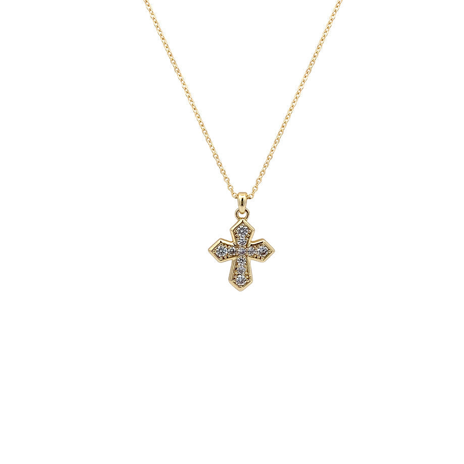 Gold-plated cubic zirconia cross pendant necklace with sparkling stones on a delicate chain, perfect as an Interlocking Ring gift.
