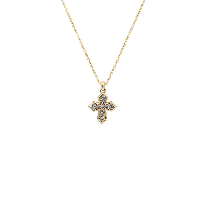 Gold-plated cubic zirconia cross pendant necklace with sparkling stones on a delicate chain, perfect as an Interlocking Ring gift.