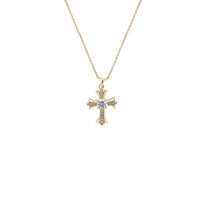 Gold plated cubic zirconia cross pendant necklace with sparkling stones on a delicate chain featuring an interlocking ring clasp.