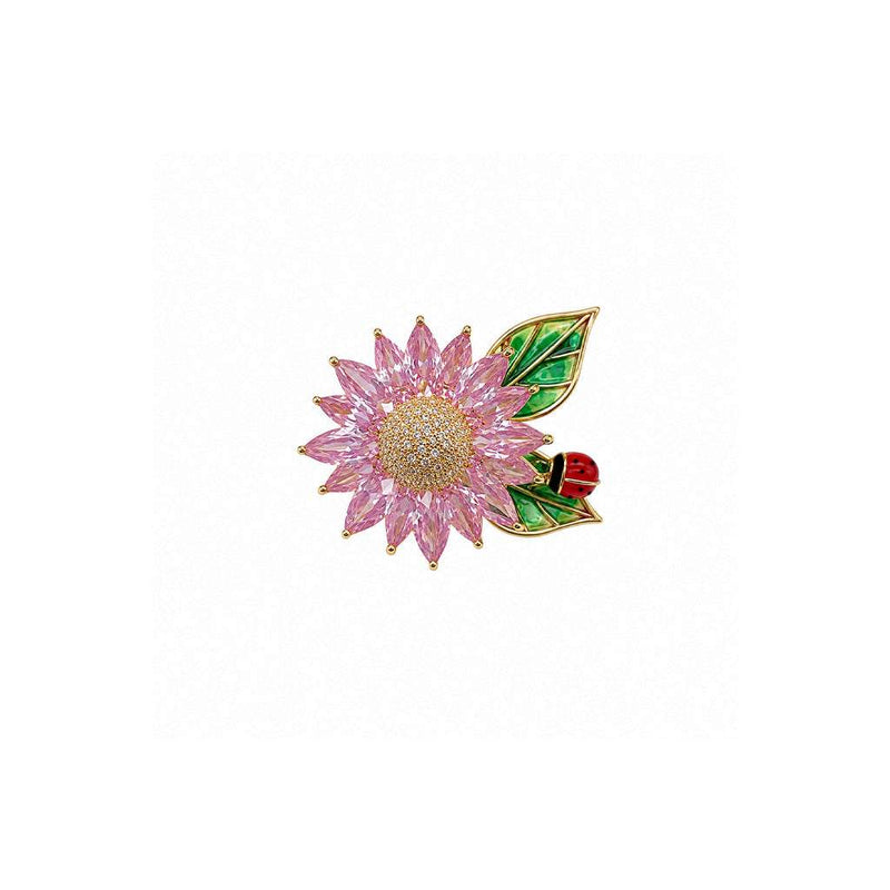 Pink flower cubic zirconia brooch with green enamel leaves and red beetle