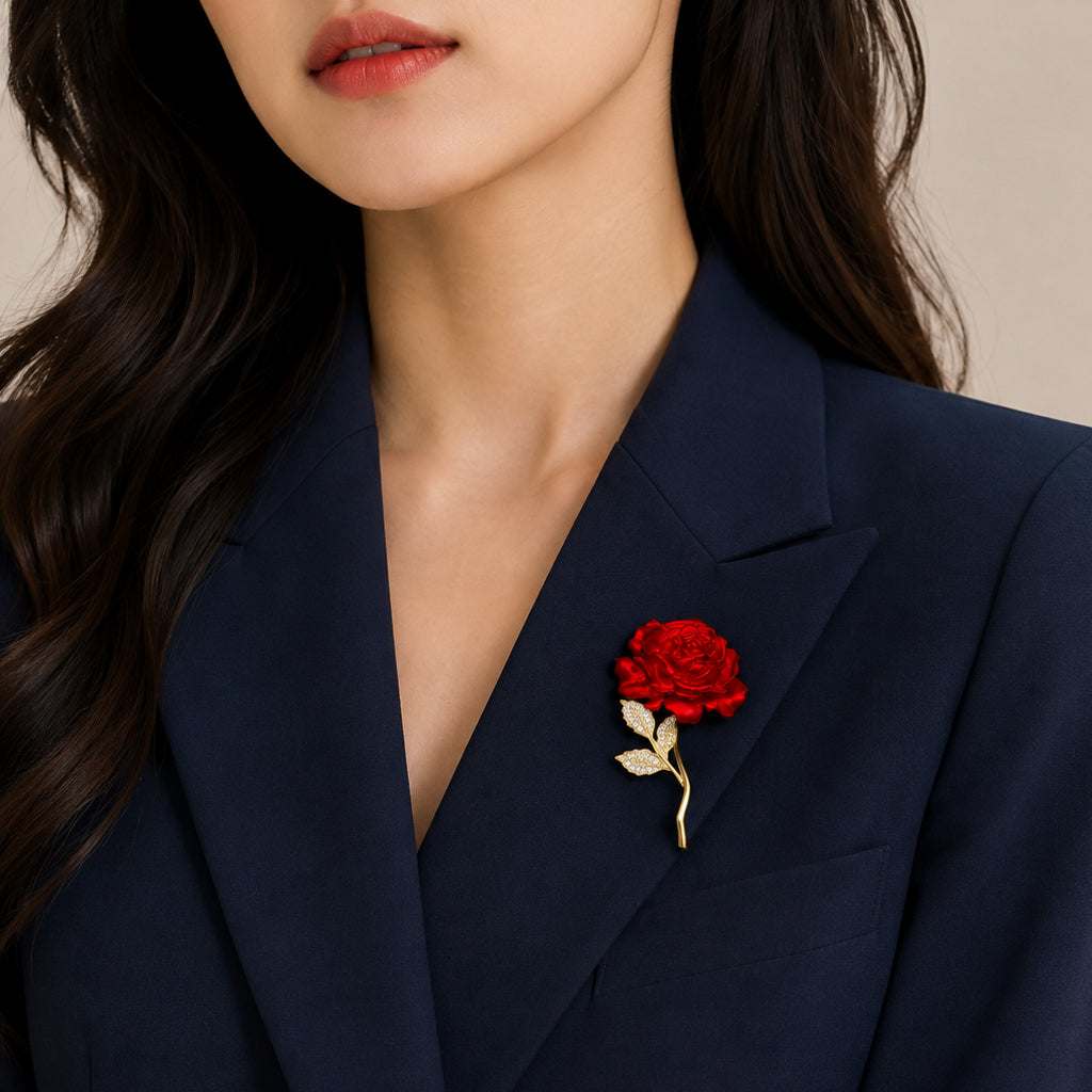 Red flower cubic zirconia brooch gold plated