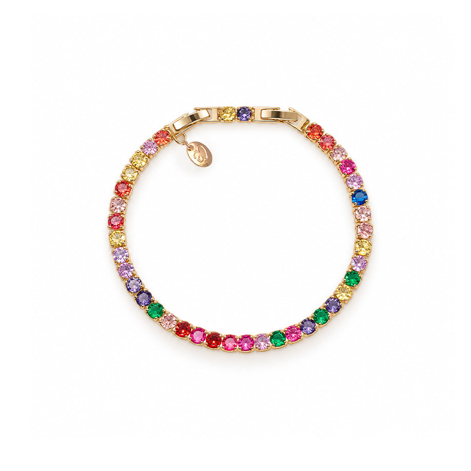 Cubic Zirconia Tennis Bracelet with colourful 4mm cubic zirconia stones set in a gold-plated finish, delicate and sparkling design.