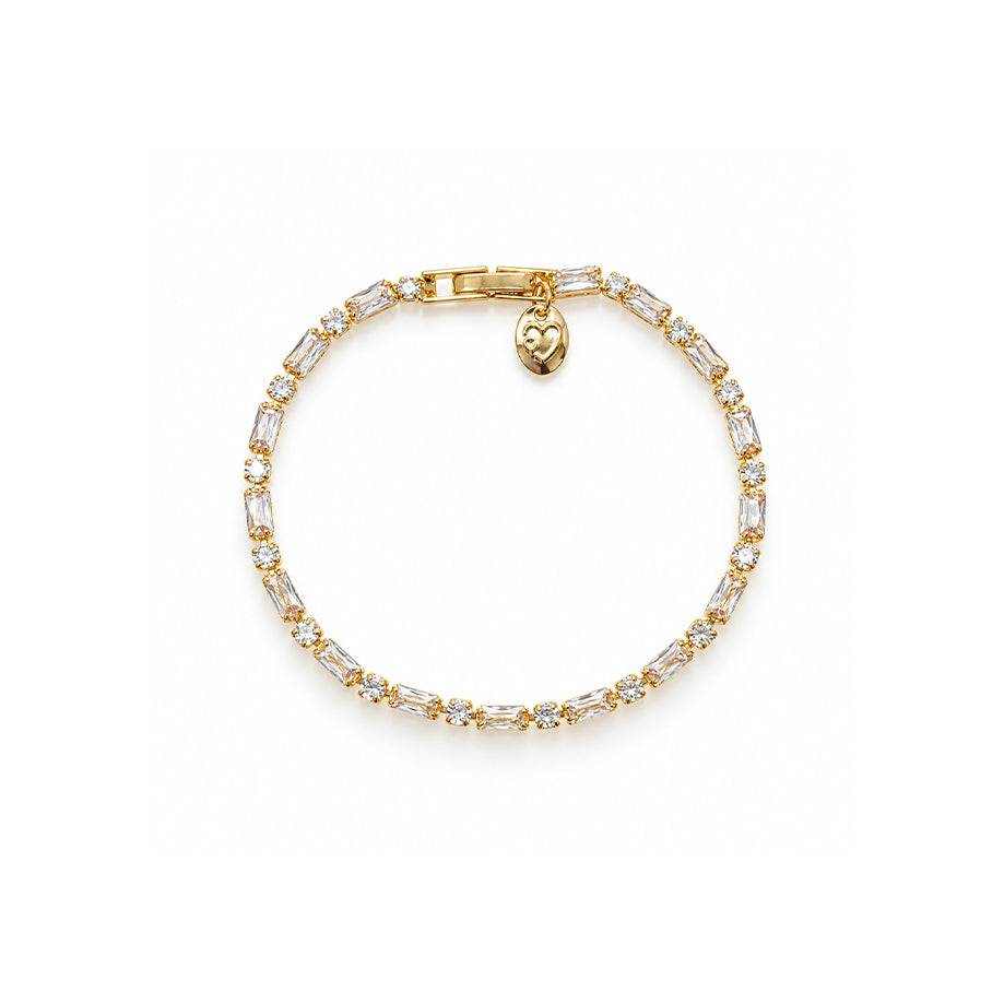 Cubic Zirconia Tennis Bracelet in gold-tone metal with a single row of clear baguette-cut stones and a heart charm