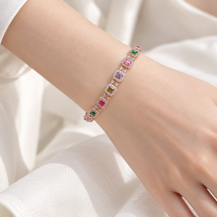 Rosegold plated cubic zirconia tennis bracelet with colourful stones in square settings