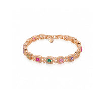 Cubic zirconia tennis bracelet with colourful stones in square settings and rosegold plated finish