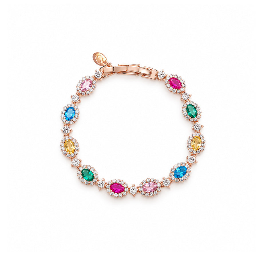 Rosegold plated cubic zirconia tennis bracelet with oval brilliant stones and small stone border