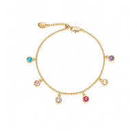 Colorful cubic zirconia tennis bracelet with gold-plated rims on adjustable chain