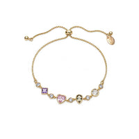 Gold-tone cz bracelet with a fine adjustable chain and colorful heart, teardrop, square and round stones set along the front.
