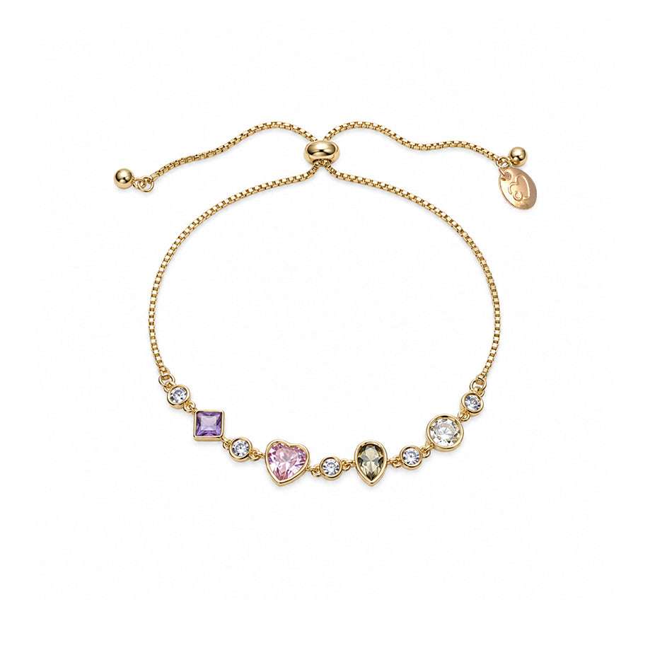 Gold-tone cz bracelet with a fine adjustable chain and colorful heart, teardrop, square and round stones set along the front.