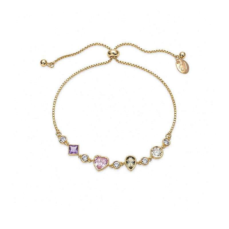 Gold-tone cz bracelet with a fine adjustable chain and colorful heart, teardrop, square and round stones set along the front.