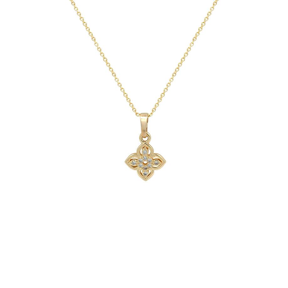 Gold-toned CZ Necklace with a delicate four-petal flower pendant set with clear stones and a fine chain.