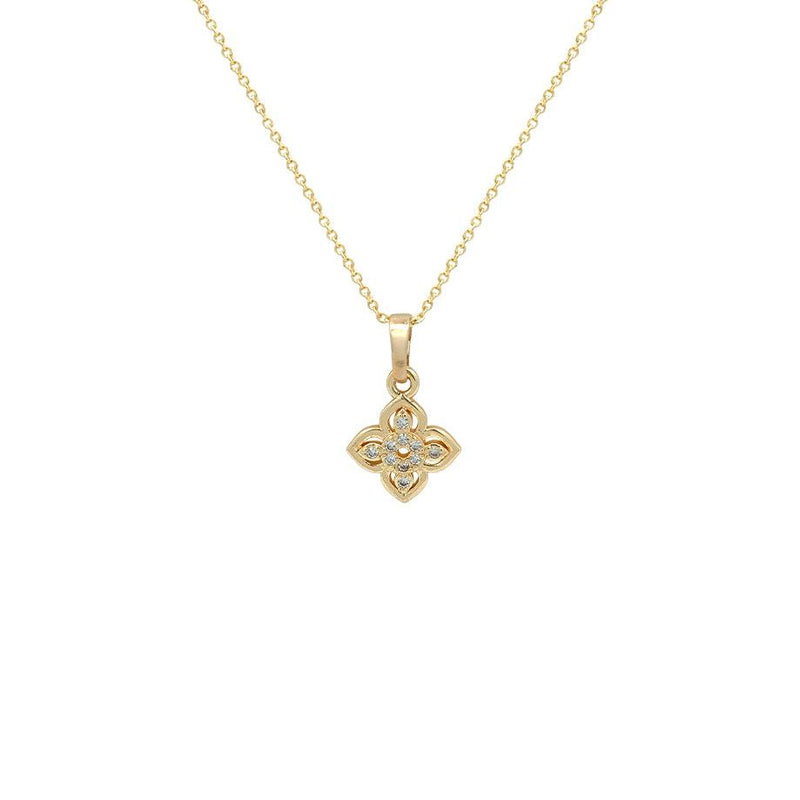 Gold-toned CZ Necklace with a delicate four-petal flower pendant set with clear stones and a fine chain.