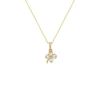 Gold-plated necklace with a delicate chain and clover pendant featuring pale mother-of-pearl petals and Butterfly Cubic Zirconia inlay.
