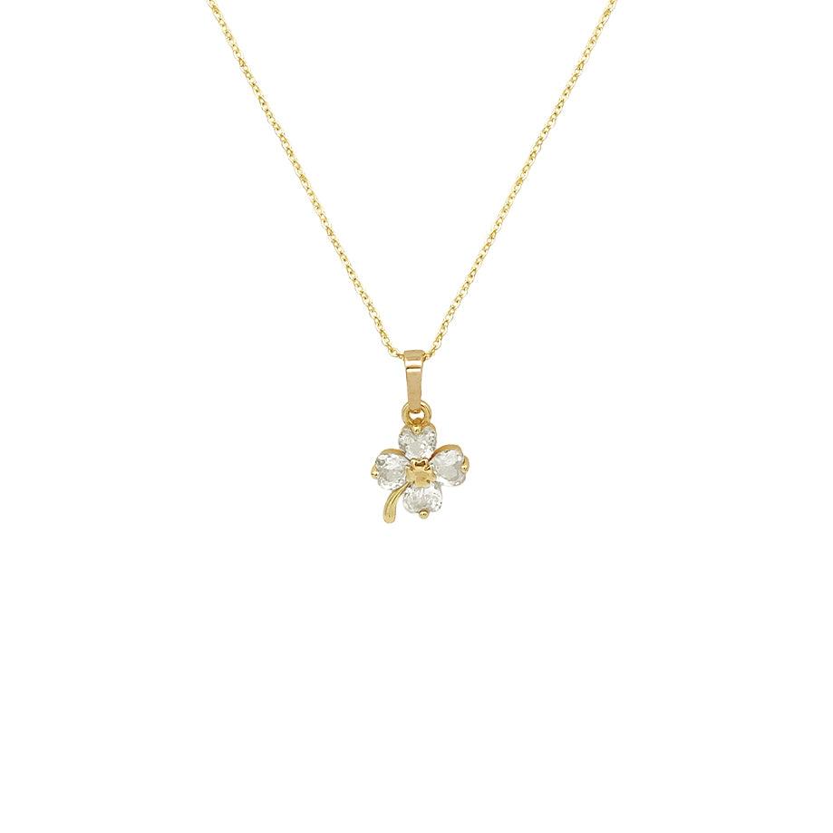 Gold-plated necklace with a delicate chain and clover pendant featuring pale mother-of-pearl petals and Butterfly Cubic Zirconia inlay.
