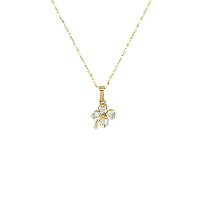 Gold-plated necklace with a delicate chain and clover pendant featuring pale mother-of-pearl petals and Butterfly Cubic Zirconia inlay.
