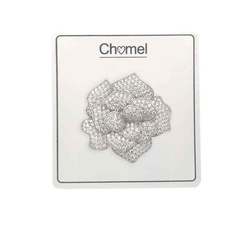 Elegant Flower Cubic Zirconia Brooch 3.8cm Rhodium Plated Pin