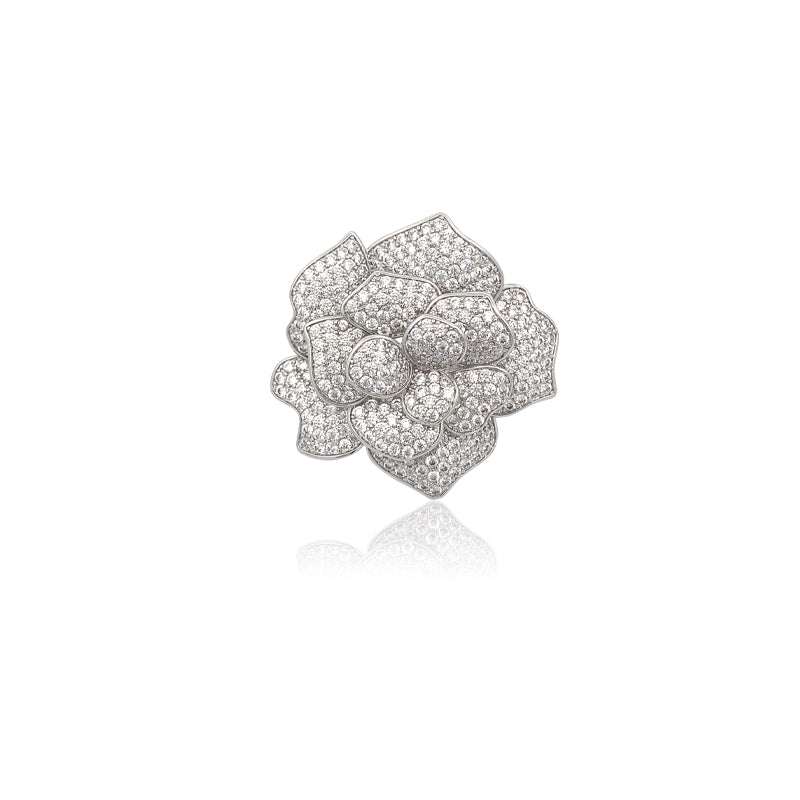 Flower cubic zirconia brooch with rhodium plating and pin clasp, 3.8cm diameter, elegant jewelry accessory