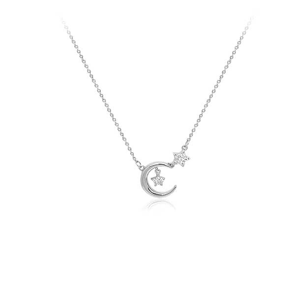 CHOMEL Cubic Zirconia Crescent with Stars Rhodium Necklace