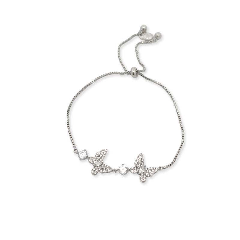 Butterfly cubic zirconia bracelet with adjustable pull string and rhodium plating