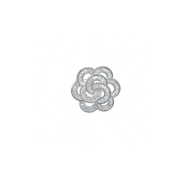 flower cubic zirconia brooch with baguette cut stones and rhodium plating