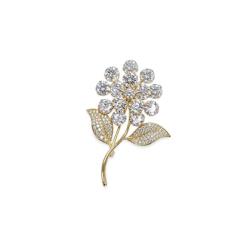 gold plated flower cubic zirconia brooch with leaves